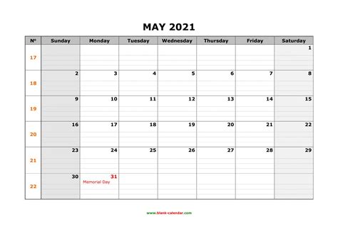 Free Download Printable May 2021 Calendar Large Box Grid Calendar