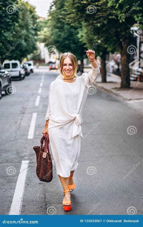 Woman In Vintage White Dress Walking Outdoor Stock Image Image Of