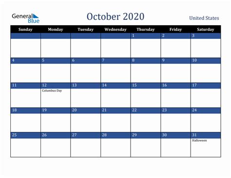 October 2020 Monthly Calendar With United States Holidays