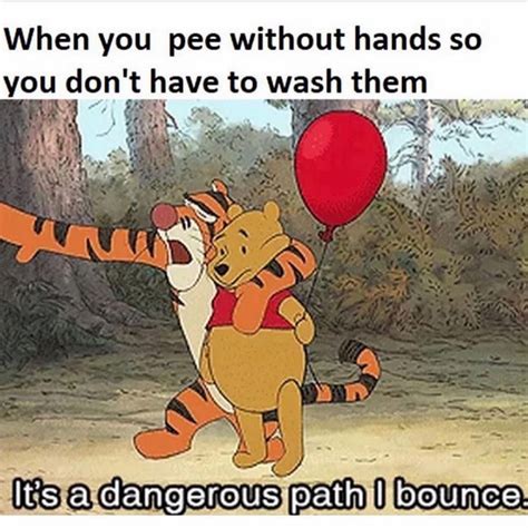 when you pee without hands so you don t have to wash them it s a dangerous path i bounce funny