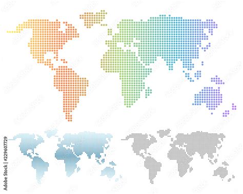 Pixel Dots Vector World Map In Color And In Grey Colorful Rainbow And