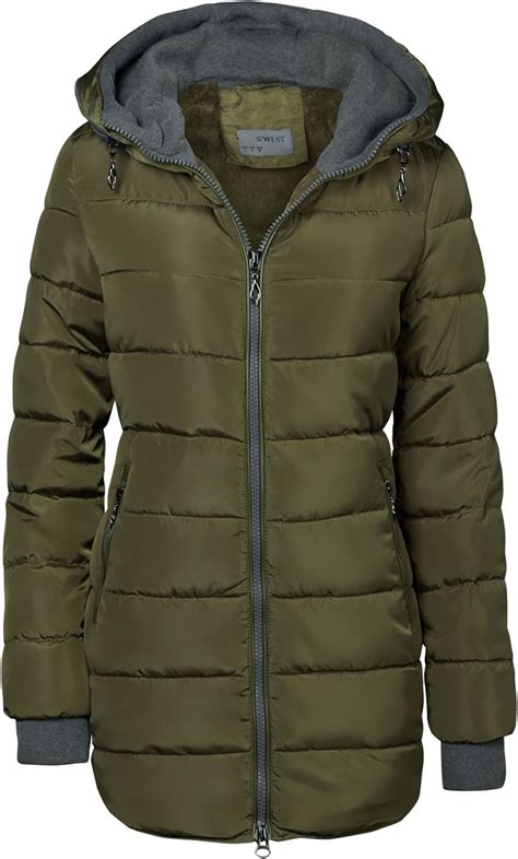 Womens Winter Long Quilted Coat Jacket Lined Hood Sleeves With Thumb