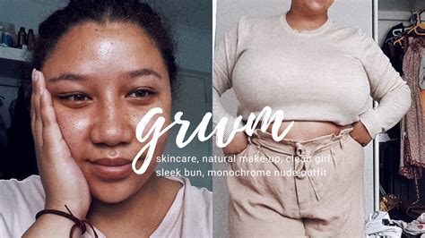 Grwm Skincare Natural Nude Makeup Clean Girl Slicked Back Hair Monochrome Nude Outfit