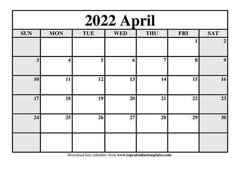 Printable Calendar April 2022 Monthly Templates