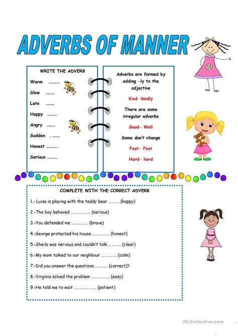 Take a look at the following table of the most common ones with examples. ADVERBS OF MANNER - English ESL Worksheets for distance learning and physical classrooms