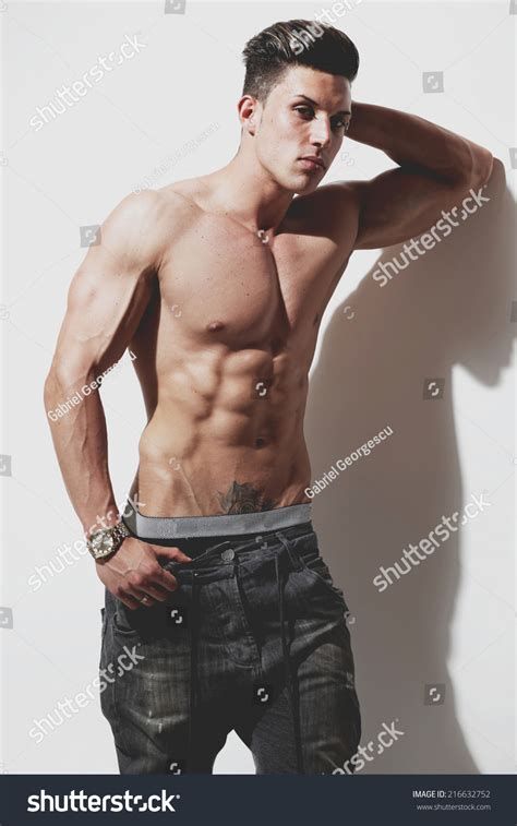 Sexy Portrait Very Muscular Shirtless Male Foto Stock 216632752