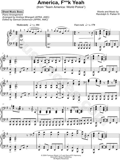 Sheet Music Boss America Fk Yeah Sheet Music Piano Solo In E