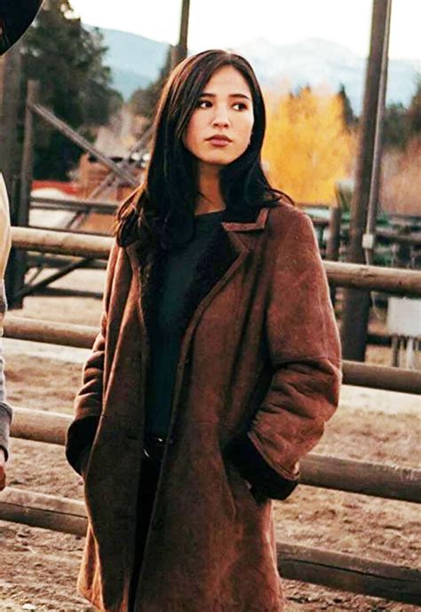 Yellowstone Kelsey Asbille Brown Suede Coat Celebs Outfits