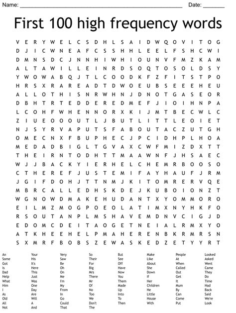 First 100 High Frequency Words Word Search Wordmint