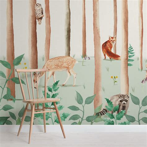 Watercolor Woodland Animals Wallpaper Mural Hovia In 2021 Animal