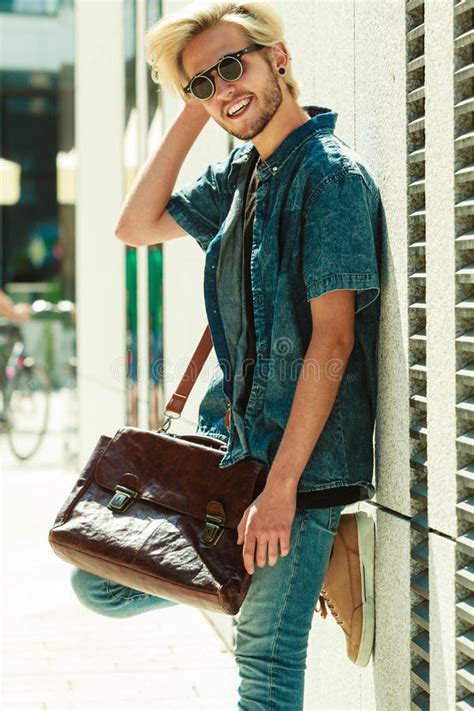 Hipster Man Standing On City Street Urban Fashion Stock Photo Image