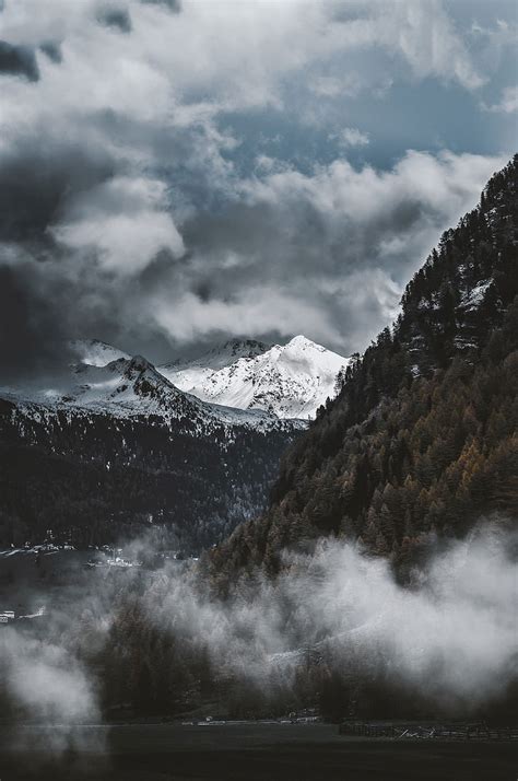 Mountains Snow Peaks Fog Trees Hd Phone Wallpaper Peakpx