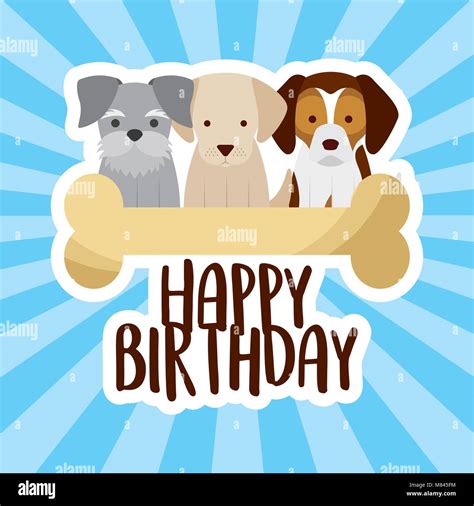 Happy Birthday Card Three Dogs And Bone Vector Illustration Stock