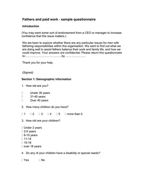 Sample questionnaire in Word and Pdf formats