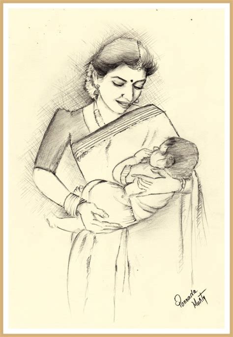 Indian Mother With Baby Drawing