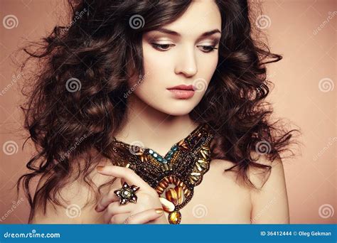 Portrait Of Beautiful Brunette Woman With Earring Perfect Makeup Stock Photo Image Of Hair