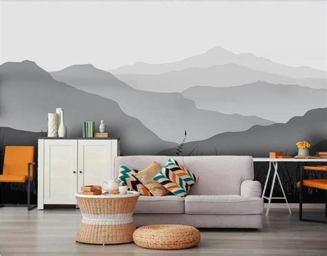 Ombre Mountains Mural Wallpaper Geometry Mountain Landscape Etsy