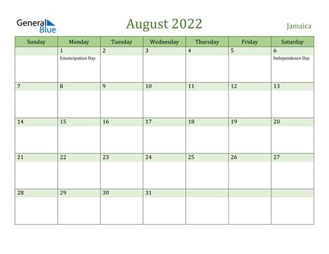 August 2022 Calendar With Jamaica Holidays