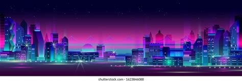 Night City Neon Lights Metropolis Reflection Stock Illustration