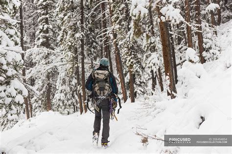 Male Rock Climber Walking In Snowy Forest During Winter — Ice Axe