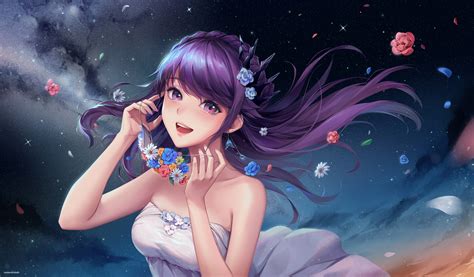 Purple Hair Smiling Original Characters Bare Shoulders Blz Anime Girls Mask Flowers Sky