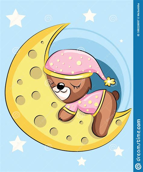 Cute Cartoon Teddy Bear Is Sleeping On The Moon Vector Illustration Of