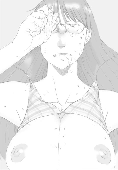 Mizuhara Koyomi Azumanga Daiou Highres Blush Breasts Glasses Long Hair Monochrome