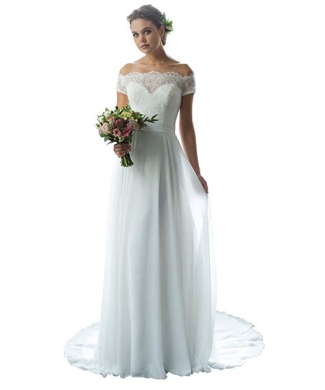 Womens Off The Shoulder Lace Chiffon A Line Wedding Dress With Short