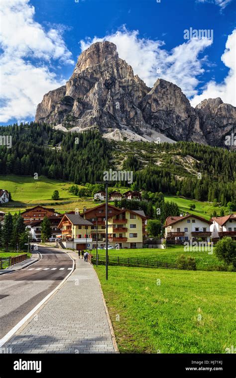 Corvara In Badia Town And Sassongher Mount On Summer South Tyrol