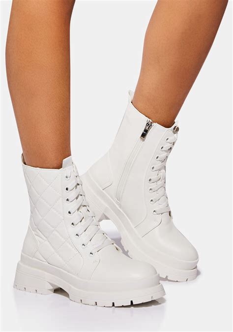 Vegan Leather Quilted Combat Boots White Dolls Kill