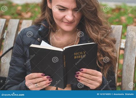 Women In Outdoors Reading Bible Concept For Faith Spirituality And