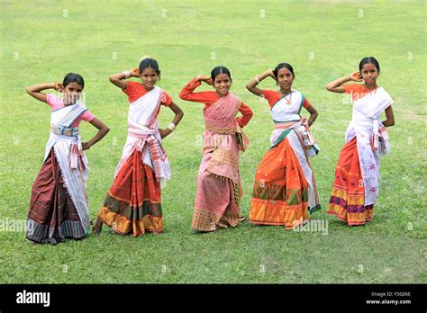 Assamese Girls Performing Dance And Celebrating Bihu Festival New Year Celebration Assam
