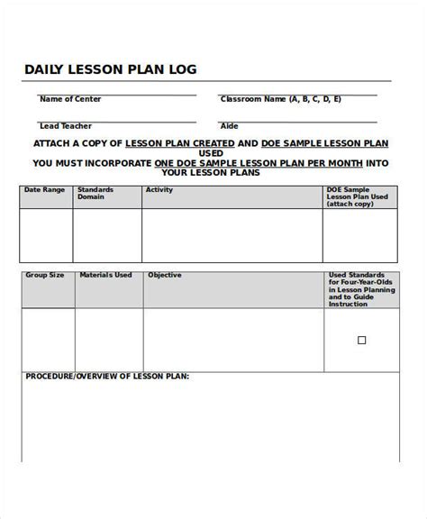 Sample Daily Lesson Log Template