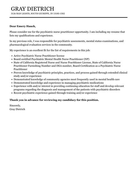 Psychiatric Nurse Practitioner Cover Letter | Velvet Jobs