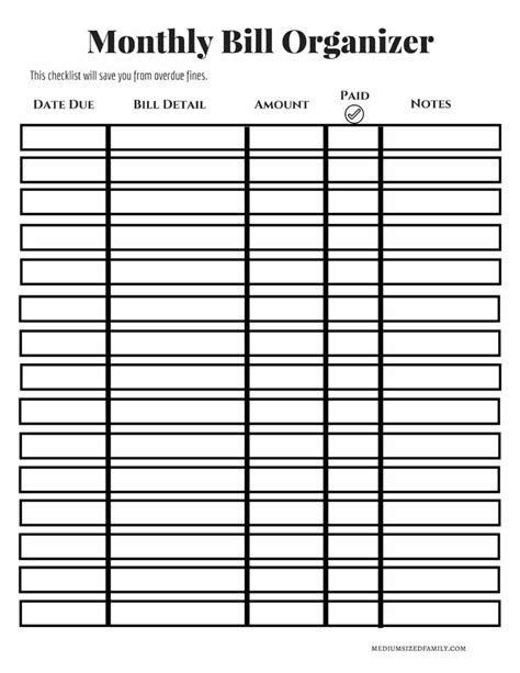 Free Printable Bill Organizer Worksheet
