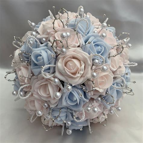 Brides Wedding Bouquet Pink Mist And Baby Blue Roses Etsy Uk Wedding