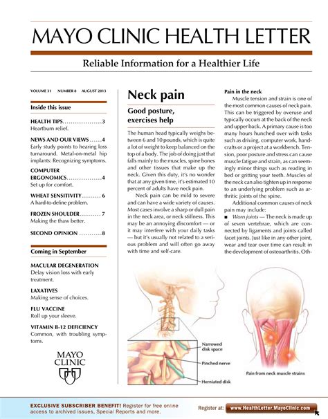 Mayo clinic is an integrated medical practice, education and research institute. Neck pain - Mayo Clinic Health Letter | Manualzz