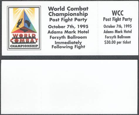 1995 World Combat Championship Post Fight Party Ticket At Adams Mark Hotel