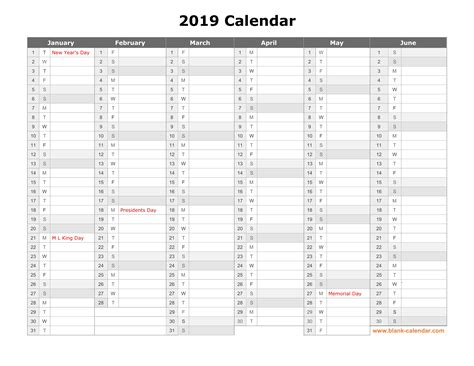 Free Download Printable Calendar 2019 Month In A Column Half A Year