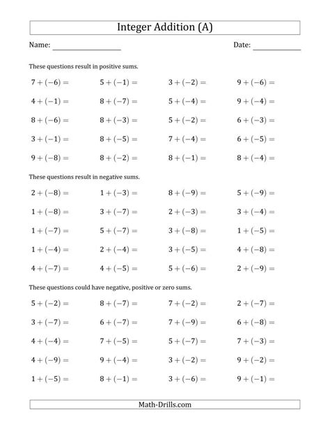 Adding And Subtracting Positive And Negative Numbers Worksheets Math Drills