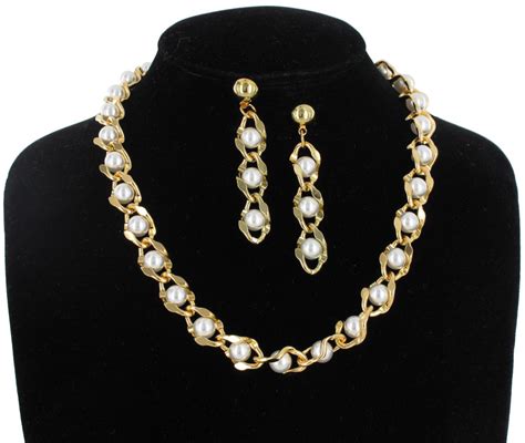Vintage Gold Plated 8mm Faux Pearl Chain Link Necklace Earring Set Ebay