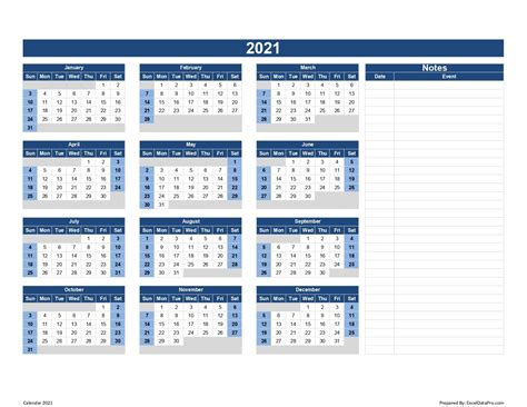 Download 2021 Yearly Calendar Sun Start Excel Template Exceldatapro