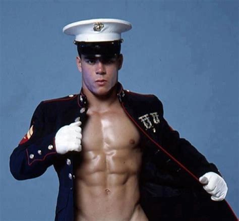 Sexy Shirtless Marine Wearing Blue Uniform Coat And White Cap Gloves