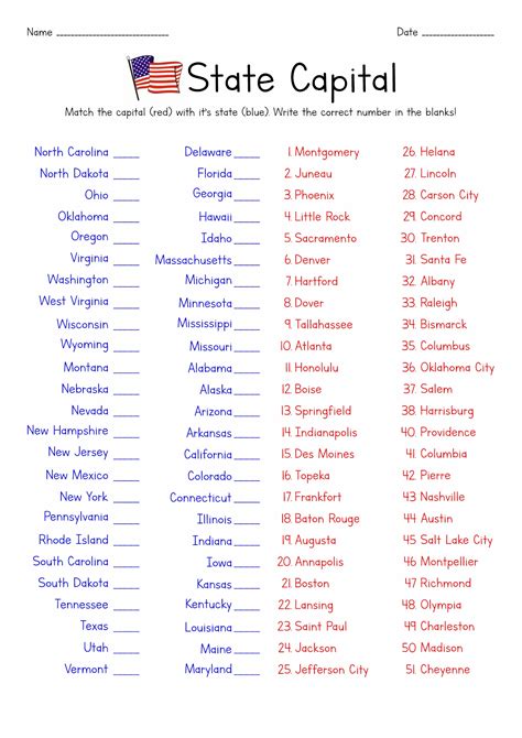 States And Capitals Printable List