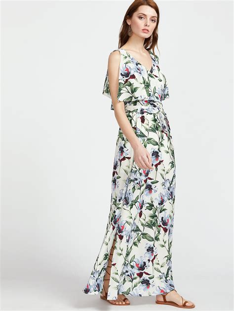 Botanical Print Surplice Wrap Split Dress Shein Sheinside
