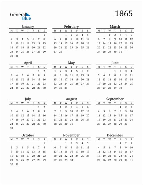 1865 Yearly Calendar Templates With Monday Start
