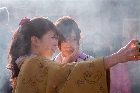 Kimono Selfie At Temple Editorial Stock Image Image Of Traditional 100864544