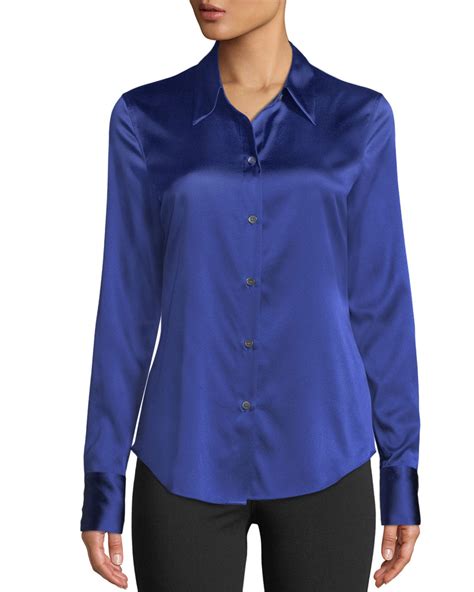 Theory Perfect Fitted 2 Stretch Satin Long Sleeve Button Down Blouse