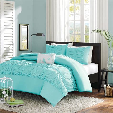 Twin Twin Xl Mint Blue Light Teal Ruched Fabric Comforter Set Blue