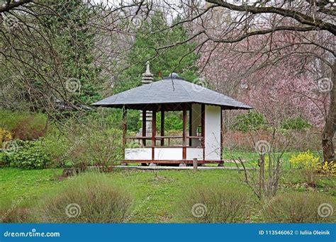 Traditional Gazebo In The Japanese Garden During The Flowering Of The